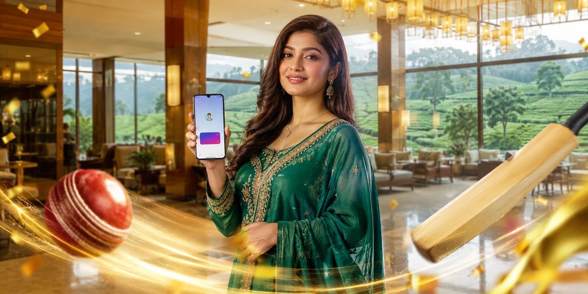 সিলেটের চা বাগানের পটভূমিতে অনলাইন ক্রিকেট বেটিং উপভোগ করছেন একজন বাংলাদেশি ব্যবহারকারী